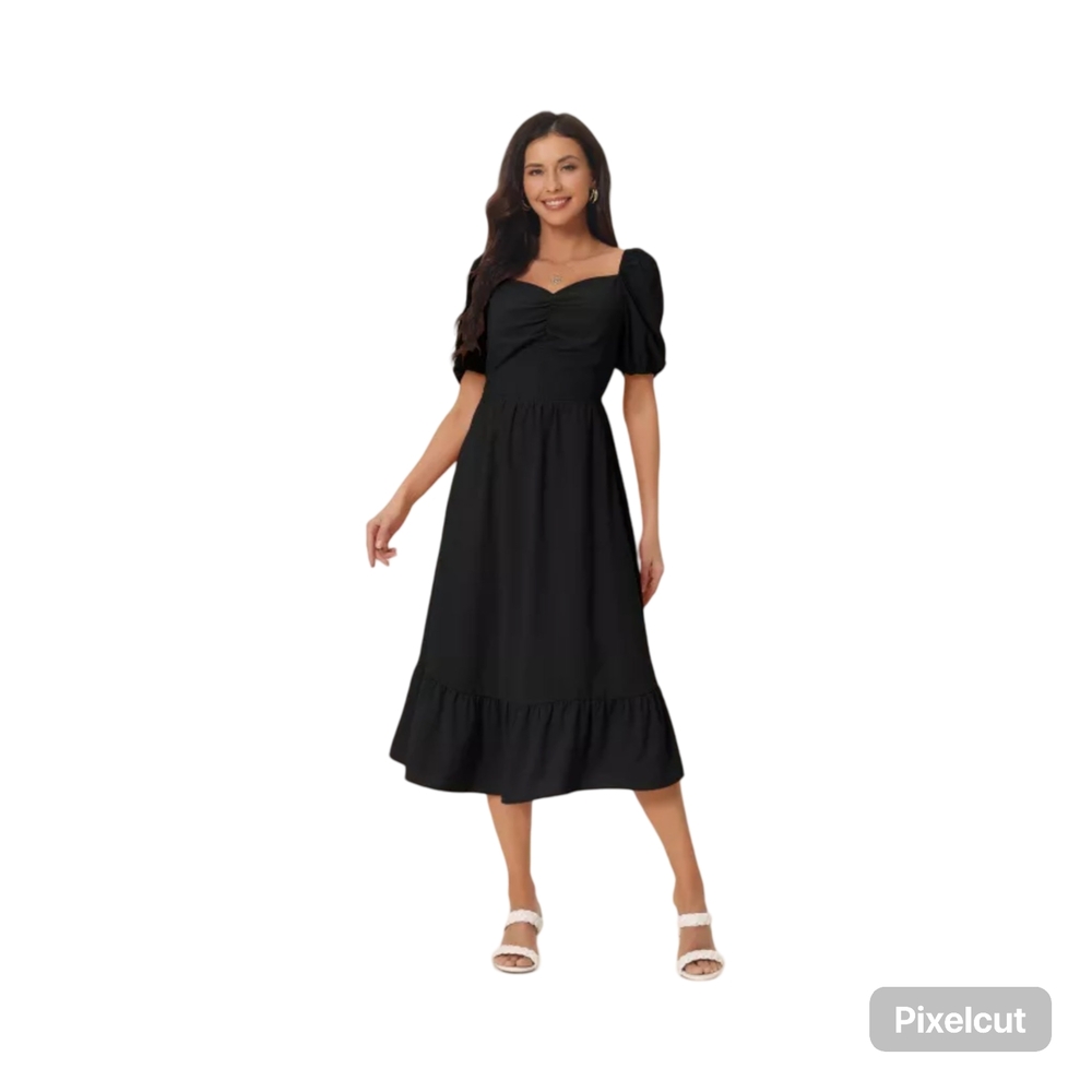 Preloved, worn once, Size Large Seta T Black Midi Dress with Puff Sleeves